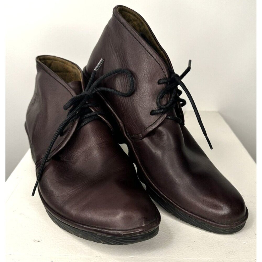 Fly London Womens Boots Leather Ankle Wedge Heel Lace-Up Burgundy 39 US 8-8.5